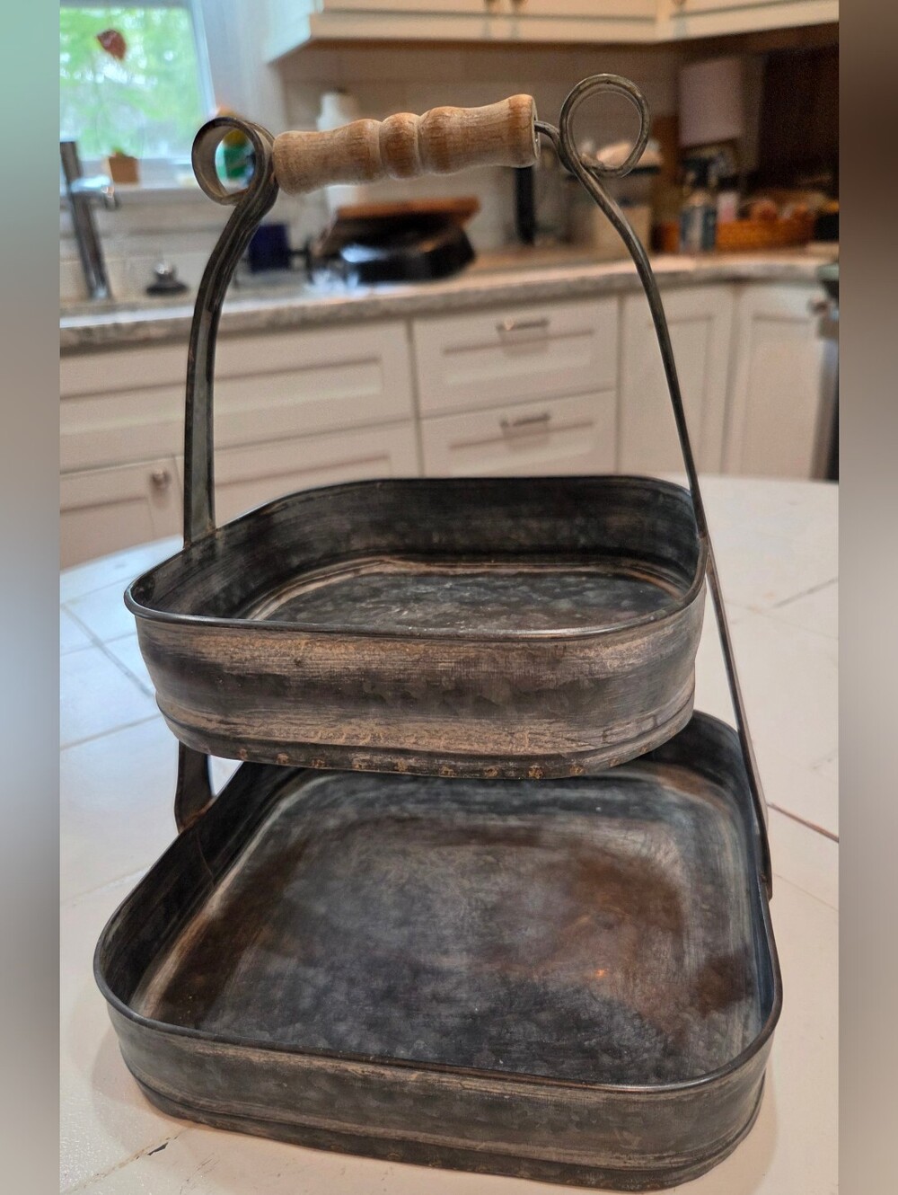 Galvanized Metal 2 Tiered Square Serving Tray Farmhouse Country Wooden Handled